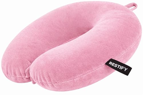 Image of Restify Premium Memory Foam Travel Neck Pillow | Soft Velvet U Shape Neck Support Cushion for Flight, Airplane, Car & Office Travel | Portable Pillow for Men & Women | Pink