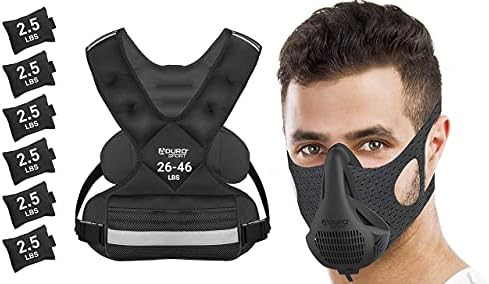 Aduro Sport Adjustable Weighted Vest Workout Equipment, 26-46lbs Body Weight Vest for Men, Women Bundle with High Altitude Training Mask Cardio Training Sports Mask Workout Masks for Men, Black