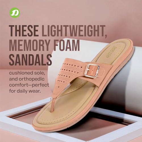 Image of DOCTOR EXTRA SOFT Women Flat Memory Foam Slippers /Flip-Flops Fashion Stylish Casual Comfortable Diabetic Orthopedic Lightweight Synthetic Slip-On Sandals With Adjustable Buckle D-609, Peach, 9 UK