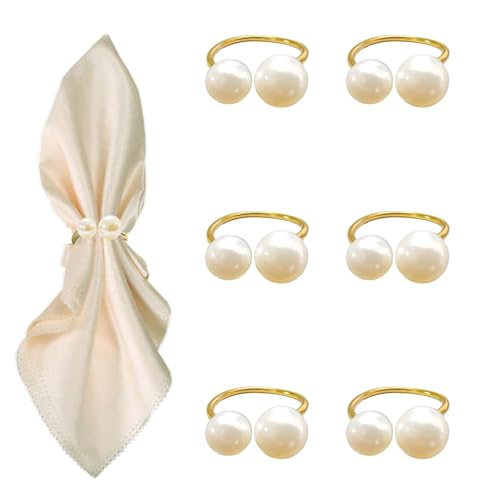 6 Pièces Anneaux de Serviette Dorés avec Perles, Ronds de Serviette en Métal pour Mariage, Noël ou Dîner, Décoration Serviette de Table Réutilisable,...