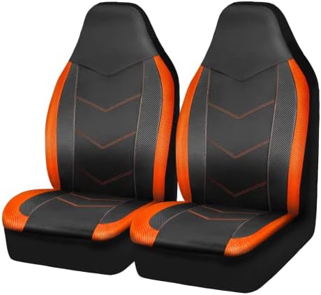 PIC AUTO High Back Front Car Seat Covers - Sports Carbon Fiber Mesh Design, Universal Fit, Airbag Compatible (Orange)