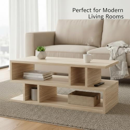 Image of FURLAY Zentro Classic Oak Coffee Table for Living Room, Modern Engineered Wood Center Table with Multi-Level Open Storage Shelves, 90 x 40 x 40 cm (FWCT2-Classic Oak)