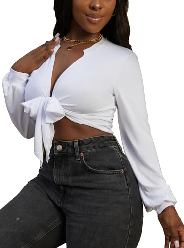 LovelyWholesale Women Tie Front Tops Sexy Cropped Long Sleeve Deep V Neck Shirt Clubwear4