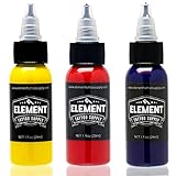 ELEMENT TATTOO SUPPLY - Tattoo Ink Set 3 Colors Yellow Red Blue Color Tattoo Inks 1oz Bottles Tattooing and Shading - Permanent - Bright - Bold - Solid - Easy to use - Professional Artist