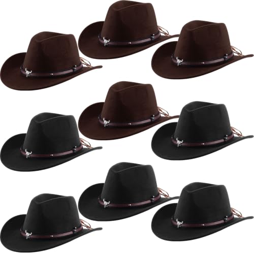 Image of Toulite 9 Pcs Western Cowboy Hats Faux Felt with Strap Bulk | 9 Color Fur Faux Felt Travel Cap for Men Women, Cowgirl Party Halloween Cosplay Costume Western Theme Events