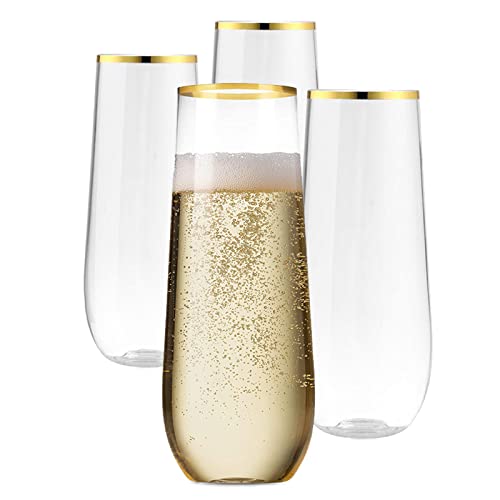 RESOYE Lot de 4 flûtes à champagne sans pied - 255 ml - Bord doré - En plastique transparent - Pour cocktail, fête, mariage, anniversaire