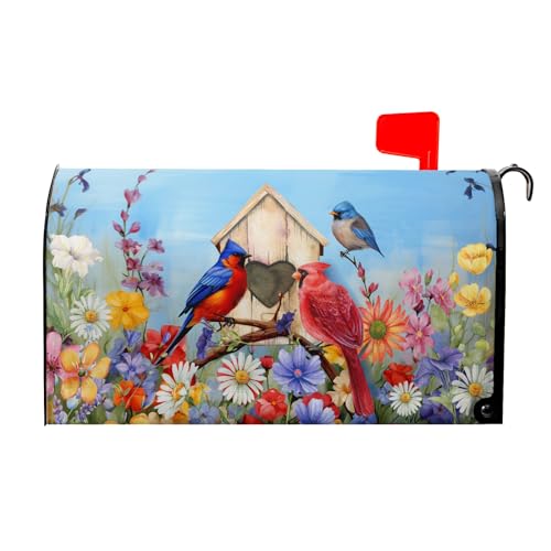 Image of Cardinal Bird Spring Farmhouse Mailbox Decorations - Colorful Magnetic Mailbox Wrap Post Letter Box Cover, Standard Size 25x21in