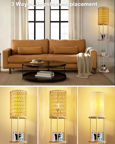 Image of Lightdot 61 inch Rattan Floor Lamp with Shelves, 3-Tier Storage Shelves with 3000K Bulb Included, Solid Wood Design, Corner Bookshelf Floor Lamps for Living Room /Sofa Beside /Corner Decor-Gold