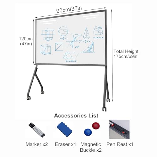 Mobilna magnetyczna tablica suchościeralna na kółkach, duża, 89 x 120 cm, z regulowaną wysokością, do biura, klasy lub domu