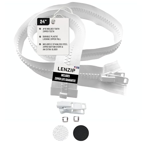 EZ-Xtend Lenzip #10 Separating Zipper, Dbl Plastic Lock Pull (White, 24")