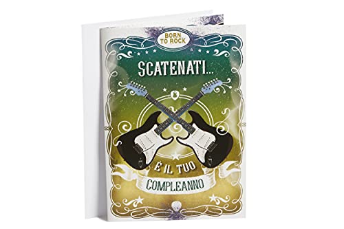 LINA OFFICINE GRAFICHE CREATIVE Biglietto Auguri Gigante Formato A4-30 x 21 cm, Biglietto Auguri Musicale Rock con all’Interno una Chitarra da Suonare con Audio di Money for Nothing