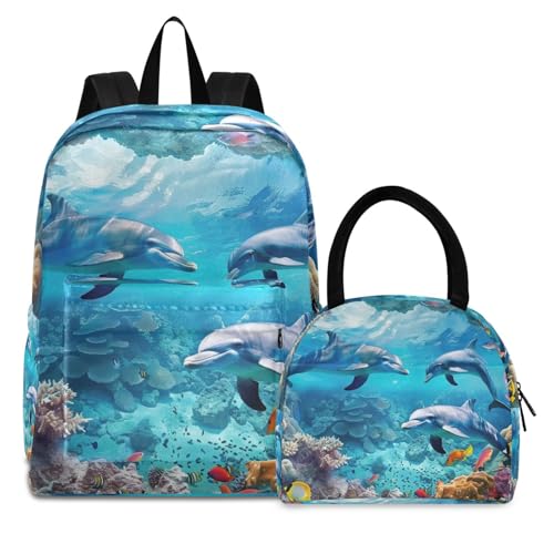 Backpack Lunch Box Set Large Capacity Travel Backpacks and Insulated Lunch Bag for Commute Hiking Picnic Dolphins Coral Print