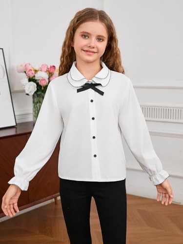 MakeMeChic Girl's Flounce Sleeve Collared Button Down Shirt Contrast Binding Blouse Top3