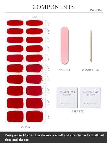 AutyaMee Semi Cured Gel Nail Strips (Ruby Red), 20 Pcs Gel Nail Wraps, Stickers, UV Light Required, Salon Quality, Long Lasting