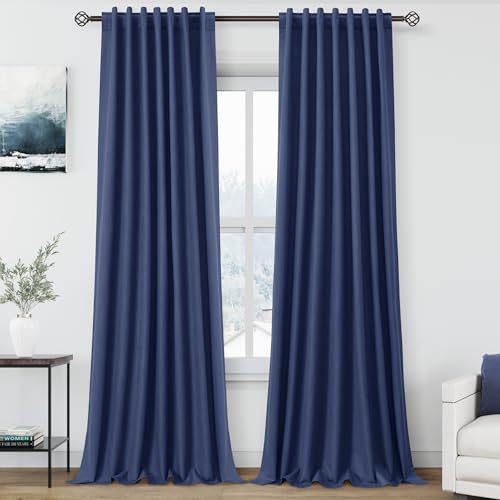 Image of Classic Blue 100% Blackout Linen Curtains for Bedroom 90 Inches Long Back Tab Thermal Insulated Modern Coastal Decor Black Out Curtain for Living Room Dining Room Rod Pocket Drapes 52x90, 2 Panels
