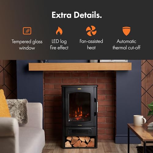 VonHaus Panoramic Stove Heater with Log Storage – 3-Sided Electric Fireplace with LED Flame Effect – 2000W – Freestanding and Portable w/Overheat Protection – 2 Heat Settings