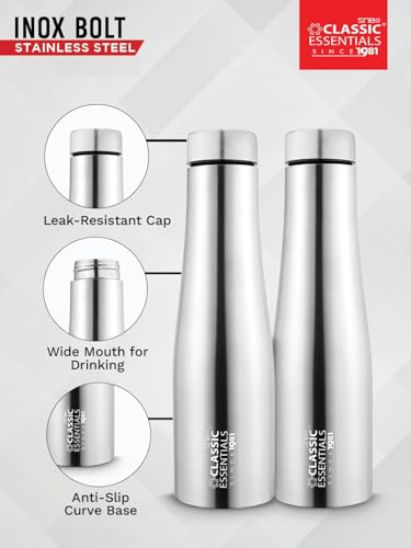 Image of CLASSIC ESSENTIALS Stainless Steel Puro Water Bottle 1000ml Pack of 3 | Leak Proof Fridge Bottle | Rust Resistant Steel Water Bottles for Home, Office, School & Gym | Silver