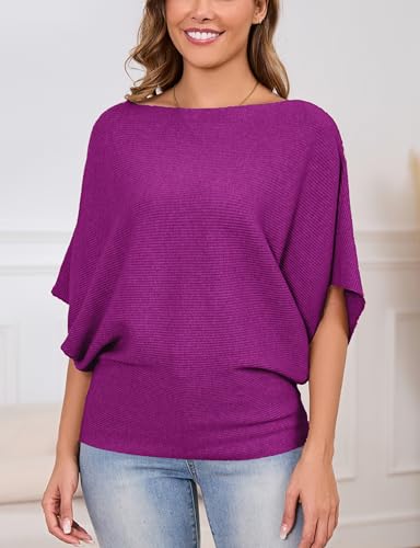 Image of MAKARTHY Womens Batwing Sleeves Knitted Dolman Pullovers Boat Neck Tops Sweatershirts