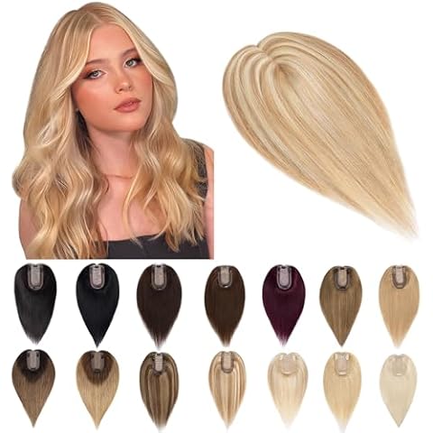 SEGO Human Hair Toppers for Women With Thinning Hair 7 * 13CM Silk Base 100% Real Human Hair Clip in Top Wiglet Hair Pieces //6 Inch No Bangs Golden Brown&Bleach Blonde Cover