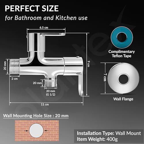Image of Plantex Pure Brass Angle Valve 2 in 1 /Two Way Angle Cock Tap with Wall Flange & Teflon Tape /Angle Valve for Bathroom with 7 Year Manufacturer's Warranty- (Alpha, Chrome)