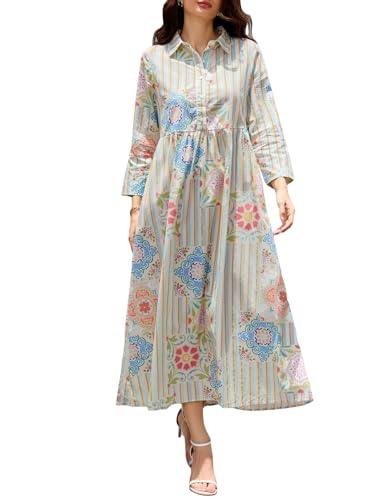 Ladyful Button Down Dress for Women Floral Printed Collared Flowy Cotton Maxi Dress Fall Beach Dresses with Pocket