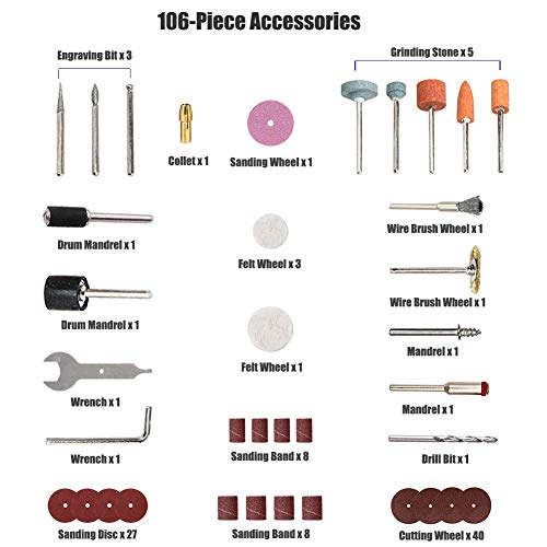 Afantti Mini Rotary Tool Electric Grinder Sander Engaver Drill Pen Kit Set Corded with | Stepless Speed | 106 Accessories | for Small Light Crafts & Projects - Thumbnail 6