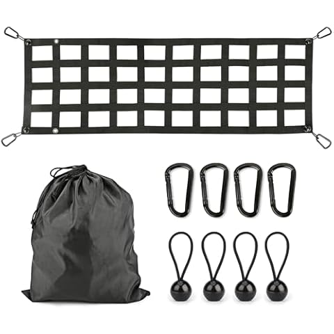 Tailgate Net - Black Heavy Duty Wide Flat Cargo Net with 4 Metal Carabiners, Easy Install Truck Tailgate Net, Perfect for Truck, Trailer, Pickup, Boat, Jeep and SUV (60" x 18") Cover