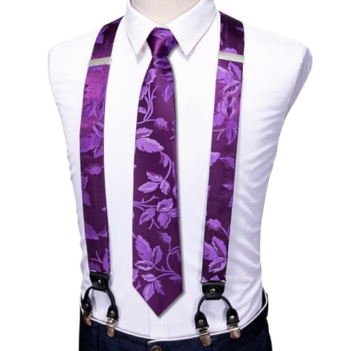 Image of Barry.Wang Men Suspender Set with Necktie Elastic Y Type Heavy Duty 6 Clips Braces Tie Handkerchief Cufflink Pin 6PCS