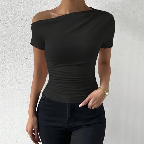 Top de Mujer con un Hombro y Manga Corta, diseño con Volantes, Negro/Beige