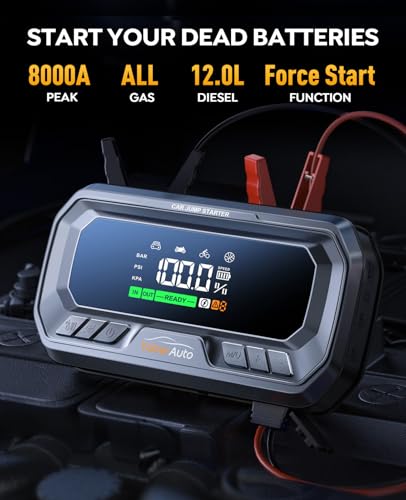 YaberAuto 10-in-1 Jump Starter with Air Compressor 8000A 160PSI 65W Charging, Portable Car Battery Jump Starter (All Gas/12L Diesel) Jump Box Car Battery Jumper Starter Portable Jumper Cables, 160W DC
