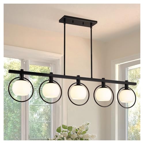 Udawfmk Lámpara de araña moderna ajustable de 5 luces, marco de metal negro, pantalla de vidrio, luminaria suspendida de techo alto(Nero)