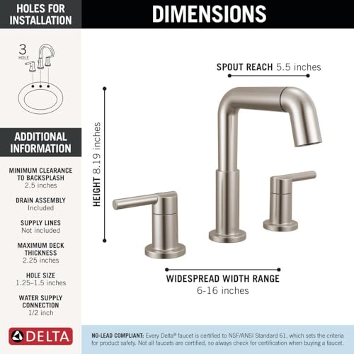 Image of Delta Nicoli Brushed Nickel Bathroom Faucet with Sprayer, 8 Inch 3 Hole Widespread Bathroom Sink Faucet with Pull Out Sprayer, Push-Pop Drain, Stainless 35849LF-SSPD