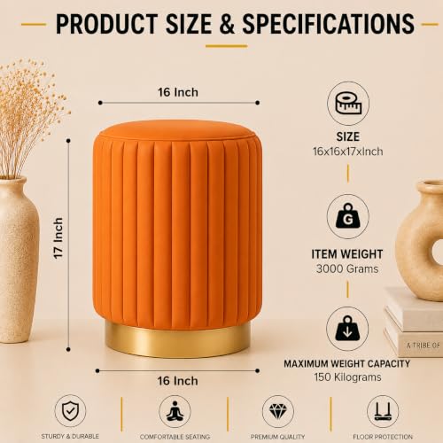Image of Designer Velvet Round Footstool Ottoman with Sturdy Gold Metal Band Base for Home Decor & Extra Seating, Lightweight Pouf Stool for Sofa Side & Bedroom, 16x16x17 Inch (Orange)