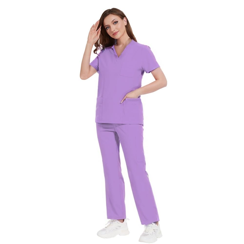 DK77 – Uniforme médical pour femme avec col en V, manches courtes, pantalon droit, 8 poches, cordon de serrage extensible, évacuation de l'humidité