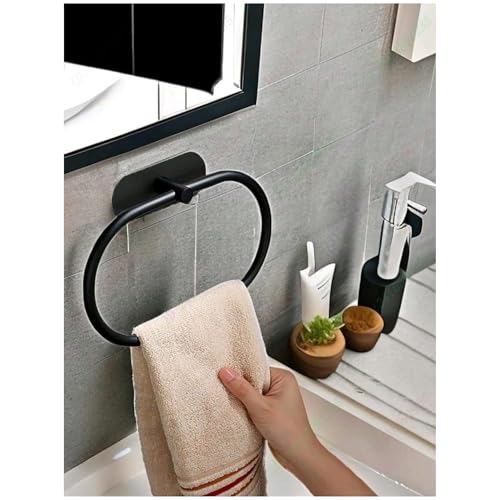 Matte Black Adhesive Towel Rack – No Drill Stainless Steel Towel Holder for Bathroom & Kitchen – Waterproof Wall Mounted Hand Towel Ring – Heavy Duty, Rustproof, Space-Saving Organizer