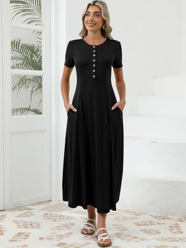 Women's Spring Casual Maxi Dress Short Sleeve Fit and Flare A Line Flowy T Shirt Long Vacation Dresses with Pockets4