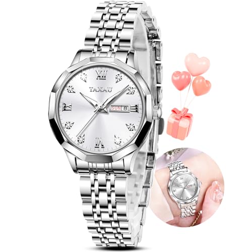 Taxau Silver Womens Watch Ladies Watches Small Wrist Fashion Dress Diamond Stainless Steel Female Watches for Women Analog Quartz Waterproof Silver Women Wrist Watch Day Date Relojes De Mujer Luminous