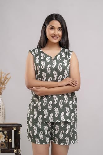 Image of Women's Cotton Printed Night Suit Set of Top & Shorts Sleeveless Women's Lounge Wear Set