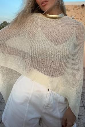 Women Sheer Knit Poncho Shrug Lightweight One Shoulder Pullover Top Asymmetrical Hem Cover Up Crochet Shawl - Image 2