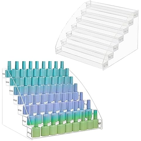 SMFANLIN 2 Packs 7 Tiers Nail Polish Holder Organizer, Multi-Level Acrylic Nail Polish Display Cases Rack, Clear Essential Oil Storage Display Stand - Hold up to 70 Bottles (2 Packs A) Cover