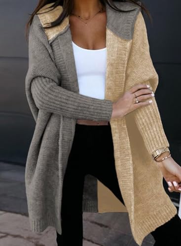 Image of Astylish Women 2026 Fall Clothes Outfits Hooded Knit Cardigan Sweaters | Open Front, Long Sleeve, Color Block, Fashion Clothing, Outwear Coats