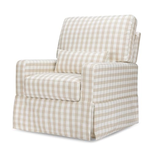 Image of Namesake Crawford Glider Recliner, Tan Gingham | 360 Swivel Ultra Cozy Glider Rocker for Feeding & Relaxing w / Lumbar Pillow - GREENGUARD Certified - For Nursery /Living Room