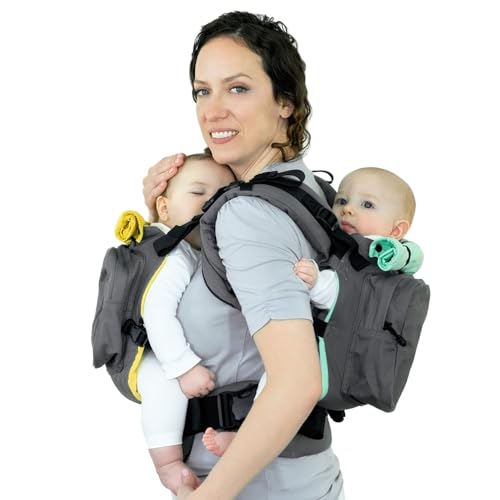Image of TwinGo Carrier Original Model (Grey, Green & Yellow) - Fully Adjustable Twin Baby Carrier and Separates into 2 Single Carriers for Men, Woman, Twins and Babies 10-45 lbs, Size XS-XXL
