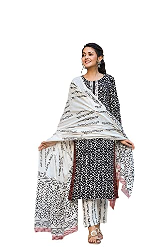 Image of Vaamsi Women's Pure Cotton Floral Block Printed Straight Kurta Pant With Dupatta | kurta sets for woman