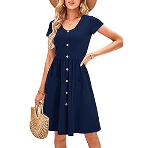 OUGES Sommerkleid Damen Casual Kleid V-Ausschnitt Midi Kleider Knopfleiste Freizeitkleid mit Taschen