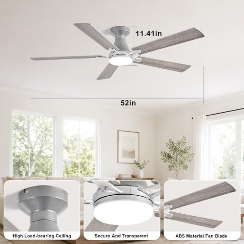Image of Depuley Modern Ceiling Fan with Light: 52-Inch Nickel Flush Mount Fandelier | Bedroom Indoor Outdoor Use, 5 Reversible Wood Blades, 6 Fan Speeds, Timing Function, Dimmable 3CCT, Remote Control Included