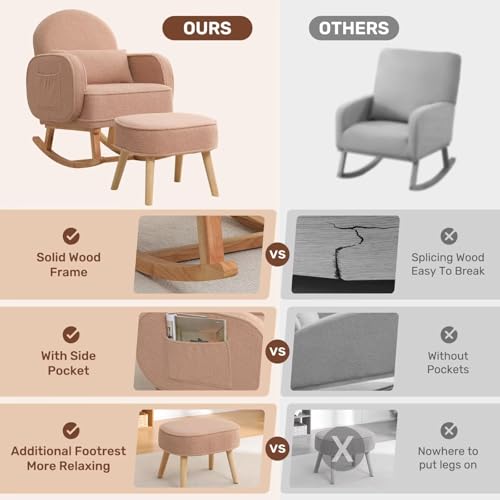 Image of HCHAIRH Rocking Chair Nursery with Ottoman, Upholstered Glider Rocker with High Backrest and Side Pocket, Rocking Accent Armchair with Solid Wood Legs for Nursery, Living Room, Bedroom Coffee
