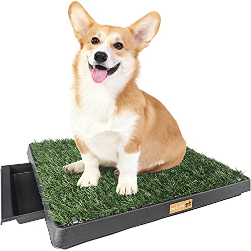 Petush Dog Grass Pad with Tray - Puppy Potty Training Grass Mat - Improved Drainage - Turf Holding Clips - Artificial Grass Pee Patch - Indoor/Outdoor - Ideal for Small Dogs and Puppies - 25â€Ã—20â€