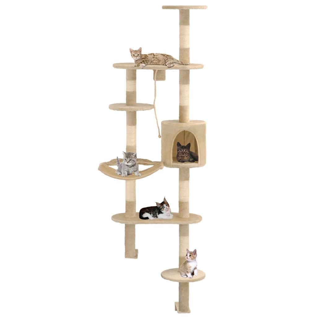 Tiragraffi da parete per gatti con colonne tiragraffi in sisal, 194 cm, beige, albero da arrampicata con grotta, letto, piattaforma e zone di riposo, per soggiorno e uso interno