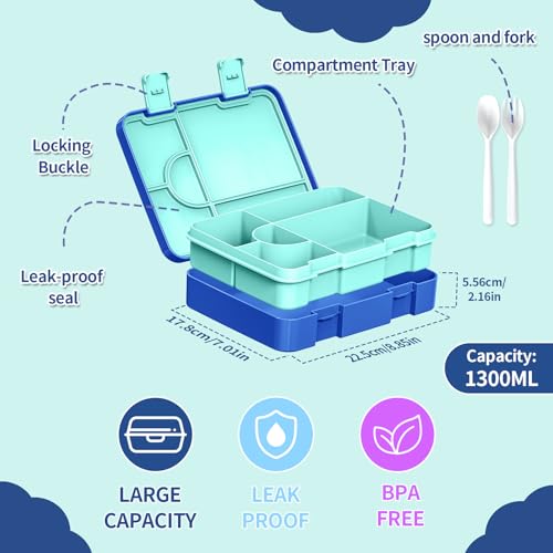 Image of Bento Lunch Box for Kids, Leak-Proof 5-Compartment Cute Lunchbox for Boys Girls, Drop-Proof, Food Container Microwave & Dishwasher Safe, Back to School Supplies for Ages 3 to 7, Blue /Astronaut